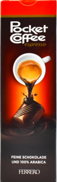 Front opakowania Pocket Coffee Espresso. Espresso z filiżanki wlewa się do czekoladki. Fine chocolate, 100% Arabica.