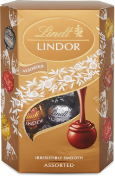 Złote pudełko Lindt Lindor Assorted z pralinkami czekoladowymi o gładkim nadzieniu, widok z przodu.