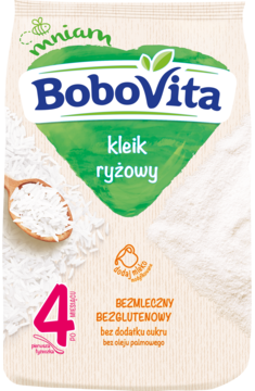 BoboVita kleik ryżowy bezmleczny i bezglutenowy w białej saszetce, widok z przodu z zielonym logo i grafiką ryżu.