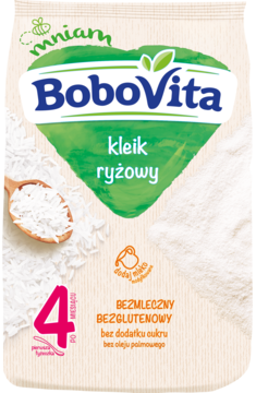 BoboVita kleik ryżowy bezmleczny i bezglutenowy w białej saszetce, widok z przodu z zielonym logo i grafiką ryżu.
