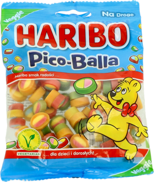 Niebieska torebka Haribo Pico-Balla z kolorowymi, owocowymi żelkami i misiem Haribo, widok z przodu.