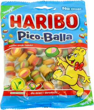 Niebieska torebka Haribo Pico-Balla z kolorowymi, owocowymi żelkami i misiem Haribo, widok z przodu.