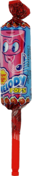 Czerwony lizak Melody Pops z gwizdkiem, truskawkowy, w niebiesko-różowym opakowaniu z wizerunkiem buźki i nut.