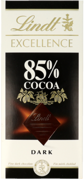 Front opakowania Lindt Excellence 85% COCOA, czarne z kremowymi detalami, widoczny napis DARK i kostka czekolady.
