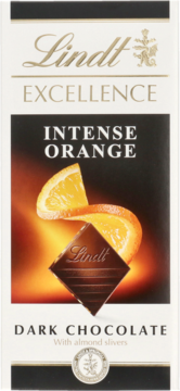 Lindt Excellence Intense Orange Dark Chocolate bar z kawałkami migdałów, pomarańcze i czekolada na opakowaniu.