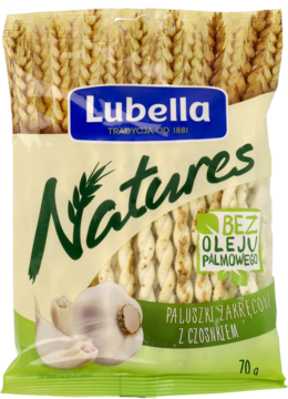 Front opakowania Lubella Natures zakręconych paluszków z czosnkiem, 70g, z grafiką pszenicy i czosnku.