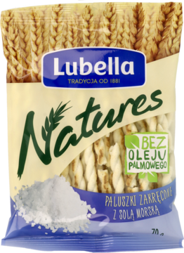 Opakowanie Lubella Natures zakręconych paluszków z solą morską, bez oleju palmowego, widok z przodu.