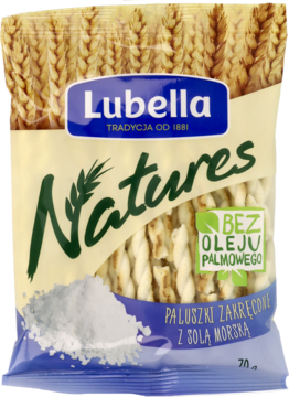 Opakowanie Lubella Natures zakręconych paluszków z solą morską, bez oleju palmowego, widok z przodu.