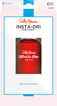 Sally Hansen Insta-Dri Top Coat, przezroczysty, w blistrze z butelką, opis "Dry in 60 seconds". Widok z przodu.