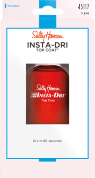 Sally Hansen Insta-Dri Top Coat, przezroczysty, w blistrze z butelką, opis "Dry in 60 seconds". Widok z przodu.