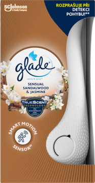 Glade Sense & Spray Sensual Sandalwood & Jasmine, automatyczny odświeżacz w brązowym opakowaniu, z białym czujnikiem ruchu.