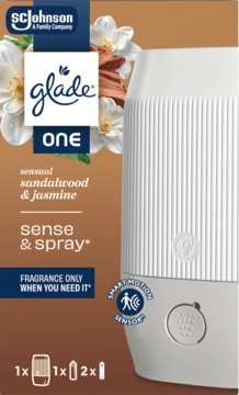 Automatyczny odświeżacz Glade ONE Sense & Spray z czujnikiem ruchu, biało-beżowy, zapach sandałowy i jaśmin.