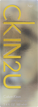 Calvin Klein CK IN2U her woda toaletowa, srebrne opakowanie z dużym, żółtym napisem, widok z przodu.
