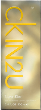 Calvin Klein CK IN2U Her woda toaletowa w złotym pudełku z żółtym logo CKIN2U, widok z przodu, 100 ml.