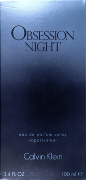 Pionowe pudełko Calvin Klein Obsession Night EdP, ciemnoniebieskie z metalicznym tekstem, widok z przodu.
