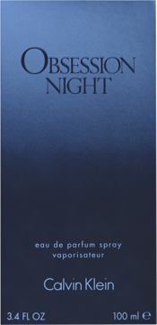 Ciemnoniebieskie pudełko Calvin Klein Obsession Night eau de parfum spray 100 ml, widok z przodu.