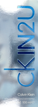 CK IN2U woda toaletowa męska, srebrne, błyszczące pudełko z niebieskim napisem CK IN2U i Calvin Klein 100 ml, widok z przodu.