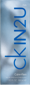 Calvin Klein CK IN2U him, 100ml woda toaletowa, front srebrno-niebieskiego opakowania z pionowym logo.