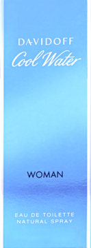 Frontalny widok damskiej wody toaletowej Davidoff Cool Water Woman w jasnoniebieskim opakowaniu z gradientem.