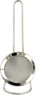 Okrągłe sitko do herbaty ze stali nierdzewnej 7,5 cm, z uchwytem, widok z góry na ciemnym tle.