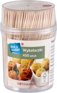 Frontalny widok przezroczystego pojemnika z drewnianymi wykałaczkami Flink & Souber, 450 sztuk. Zielona etykieta.