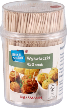 Frontalny widok przezroczystego pojemnika z drewnianymi wykałaczkami Flink & Souber, 450 sztuk. Zielona etykieta.