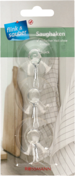 Cztery transparentne haczyki na przyssawki Rossmann, flink & sauber, zapakowane na zielono-białej karcie. Widok z przodu.