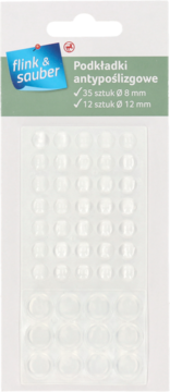 Transparentne podkładki antypoślizgowe flink & sauber, 35 szt. Ø 8 mm i 12 szt. Ø 12 mm, widok z przodu.