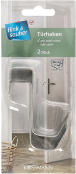 Haki na drzwi Flink & Sauber ze stali nierdzewnej, 2 sztuki w przezroczystym opakowaniu, widok z przodu.