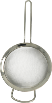 Srebrne sitko kuchenne 18 cm z długą rączką, widok z przodu. Drobna siatka, polerowane wykończenie.