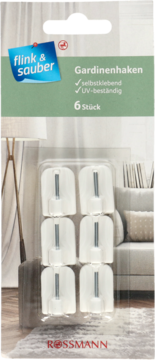 Białe samoprzylepne haki do firan flink & sauber, 6 sztuk w przezroczystym opakowaniu typu blister, widok z przodu.