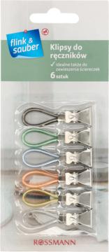 Zestaw 6 klipsów do ręczników Flink & Sauber w opakowaniu, z kolorowymi sznurkami, widok z przodu.