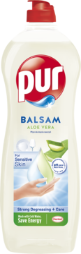 Pur Balsam Aloe Vera, płyn do naczyń w białej butelce z czerwoną pompką, delikatny dla dłoni, widok z przodu.