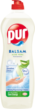 Płyn do naczyń Pur Balsam Aloe Vera w białej butelce, czerwona pompka, front, do skóry wrażliwej, pH neutralne.