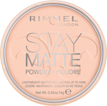 Rimmel Stay Matte Powder, jasnobrzoskwiniowy okrągły kompakt z wypukłym napisem Stay Matte.