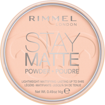 Rimmel Stay Matte Powder, jasnobrzoskwiniowy okrągły kompakt z wypukłym napisem Stay Matte.