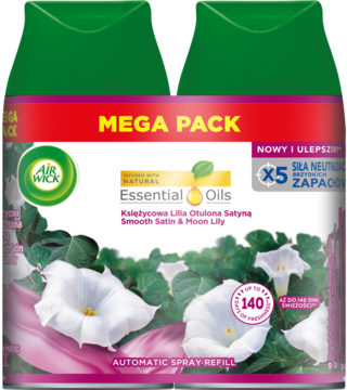 Wkład Air Wick Freshmatic Mega Pack, zapach Księżycowa Lilia Otulona Satyną, z napisem Essential Oils, widok z przodu.