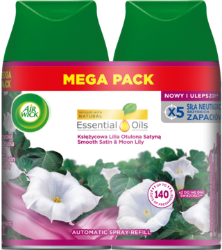Wkład Air Wick Freshmatic Mega Pack, zapach Księżycowa Lilia Otulona Satyną, z napisem Essential Oils, widok z przodu.