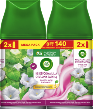 Front opakowania podwójnego wkładu Air Wick Freshmatic Księżycowa Lilia Otulona Satyną, zielono-różowy mega pack z kwiatami lilii.