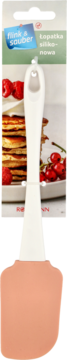 Łopatka silikonowa do ciasta, kremowa rączka, brzoskwiniowa końcówka, na opakowaniu z naleśnikami.