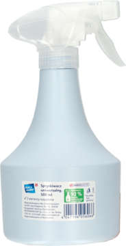 Spryskiwacz uniwersalny 500 ml, jasnoniebieska butelka z białym spryskiwaczem, widok z tyłu z etykietą.