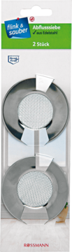 Dwa okrągłe metalowe sitka do zlewu ze stali nierdzewnej w opakowaniu Rossmann Flink & Sauber, widok z przodu.