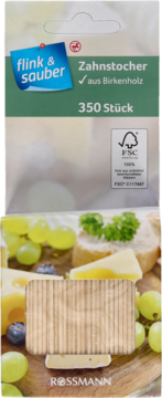 Opakowanie drewnianych wykałaczek Flink & Sauber z drewna brzozowego, 350 szt., na tle deski serów.
