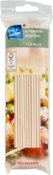 Patyczki Flink & sauber Rossmann, drewniane do szaszłyków, 125 sztuk w przezroczystym opakowaniu, widok z przodu.