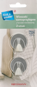 Opakowanie z dwoma samoprzylepnymi wieszakami Flink & Sauber ze stali nierdzewnej, widok z przodu, na blistrze.