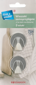 Opakowanie z dwoma samoprzylepnymi wieszakami Flink & Sauber ze stali nierdzewnej, widok z przodu, na blistrze.