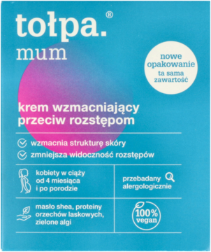 tołpa. mum krem wzmacniający przeciw rozstępom, niebieskie opakowanie z różową plamą, widok z przodu.