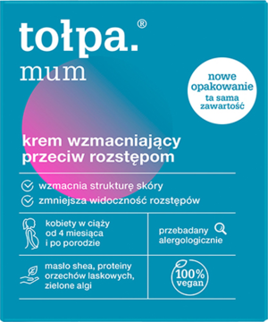Tołpa mum, krem wzmacniający przeciw rozstępom dla kobiet w ciąży, turkusowe opakowanie, widok z przodu.