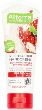 Krem do rąk Alterra Naturkosmetik z BIO granatem i masłem shea, biała tuba z czerwoną zakrętką, widok z przodu.