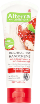 Krem do rąk Alterra Naturkosmetik z BIO granatem i masłem shea, biała tuba z czerwoną zakrętką, widok z przodu.